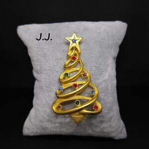 J.J. Christmas Tree Rhinestone Brooch, Multi-colored Rhinestones, 1970s Vintage